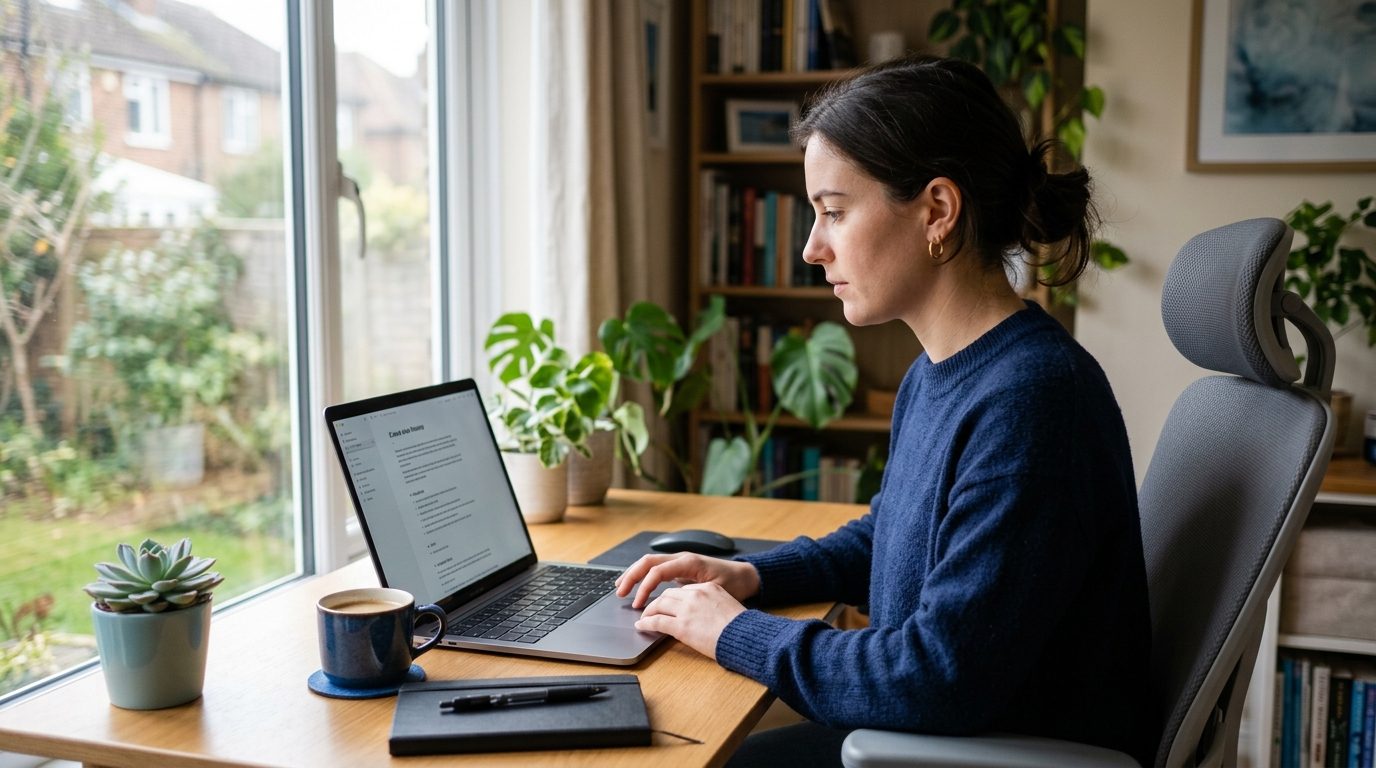 A freelance designer using PitchForge on a laptop to generate a tailored gig application